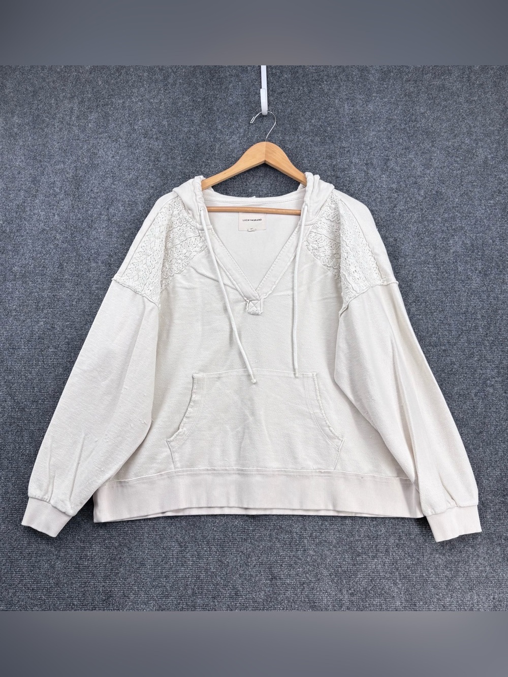 Lucky Brand Crème Crochet Trim Baja Coastal Beachy Boho Hoodie Women’s XXL